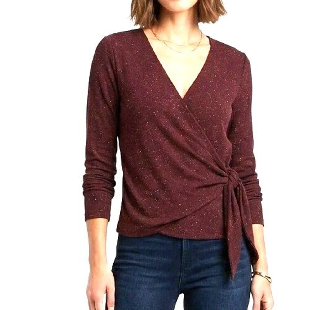 A New Day NWT Small Burgundy Glitter Wrap Top Metallic Ribbed Ruched Wine $20
